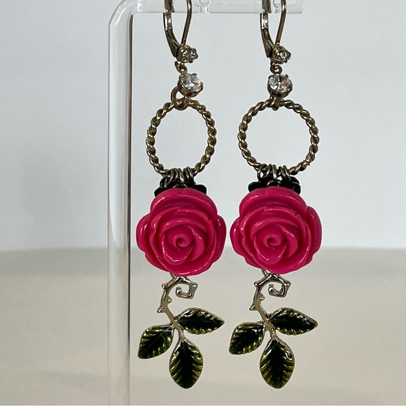 Vintage Betsey Johnson Pink Rose Dangle Earrings - Picture 3 of 10